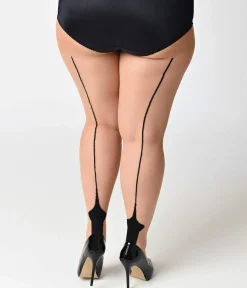 Plus Size Nude & Black Sheer Cuban Heel Pantyhose