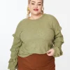 Plus Size Olive Green Ruffle Trim Ribbed Pullover Sweater
