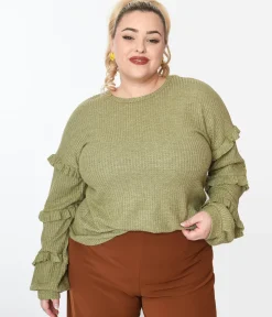 Plus Size Olive Green Ruffle Trim Ribbed Pullover Sweater