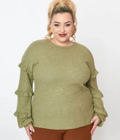 Plus Size Olive Green Ruffle Trim Ribbed Pullover Sweater