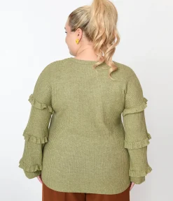 Plus Size Olive Green Ruffle Trim Ribbed Pullover Sweater