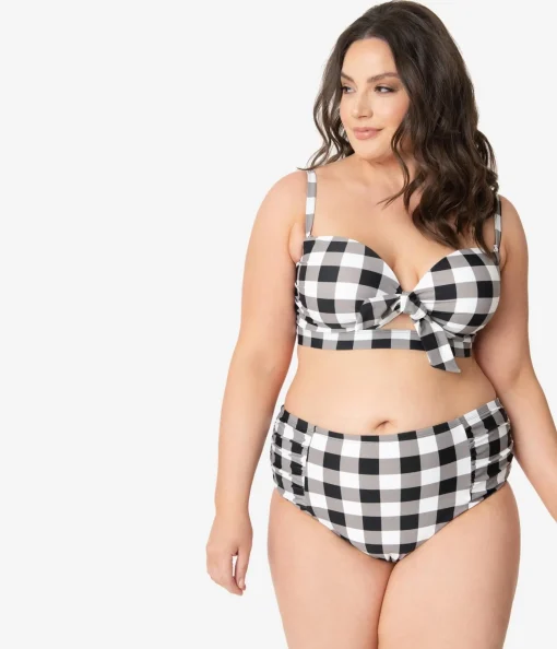 Plus Size Retro Style Black & White Gingham Swim Bottom