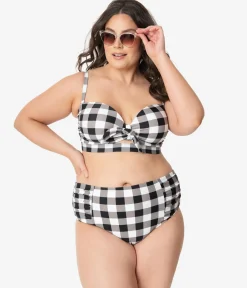 Plus Size Retro Style Black & White Gingham Swim Bottom