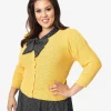 Plus Size Retro Style Honey Yellow Cotton Crochet Sleeved Button Cardigan