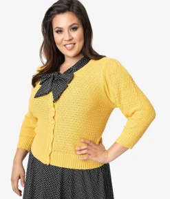Plus Size Retro Style Honey Yellow Cotton Crochet Sleeved Button Cardigan