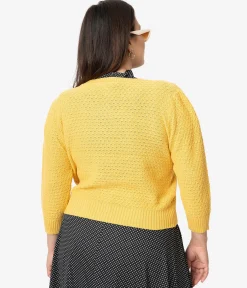 Plus Size Retro Style Honey Yellow Cotton Crochet Sleeved Button Cardigan