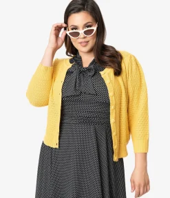 Plus Size Retro Style Honey Yellow Cotton Crochet Sleeved Button Cardigan