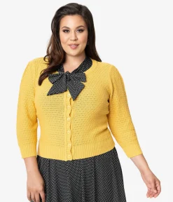 Plus Size Retro Style Honey Yellow Cotton Crochet Sleeved Button Cardigan