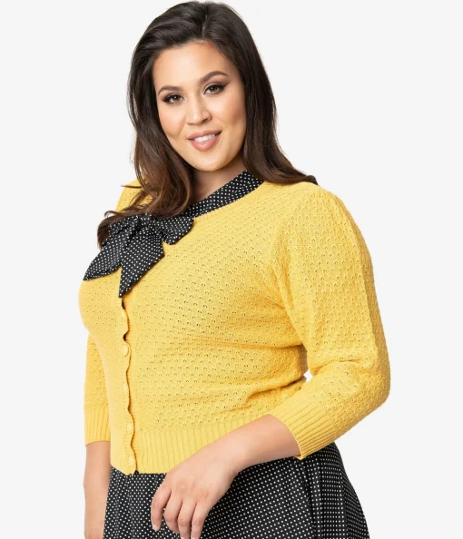 Plus Size Retro Style Honey Yellow Cotton Crochet Sleeved Button Cardigan