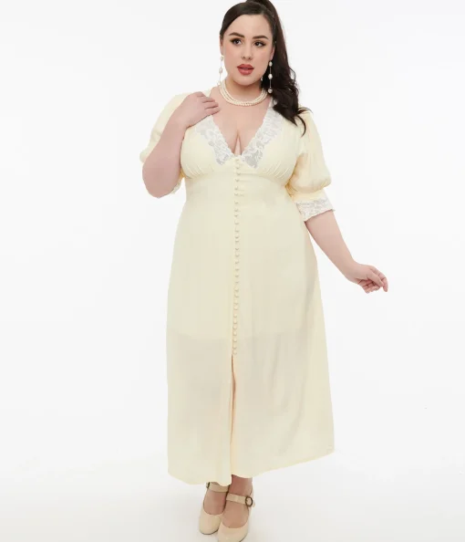 Plus Size 1930s Cream & White Lace Midi Dress