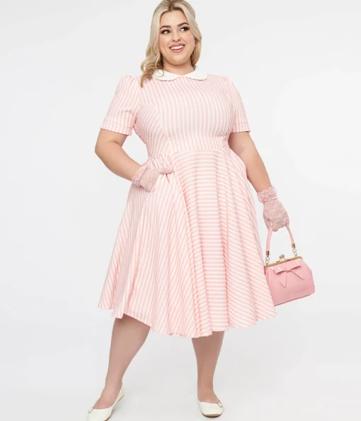 Plus Size 1950s Pink & White Striped Brielle Swing Dress