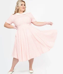 Plus Size 1950s Pink & White Striped Brielle Swing Dress
