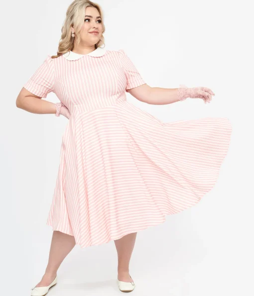 Plus Size 1950s Pink & White Striped Brielle Swing Dress