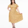 Plus Size 1950s Yellow & Purple Floral Capelet Swing Dress