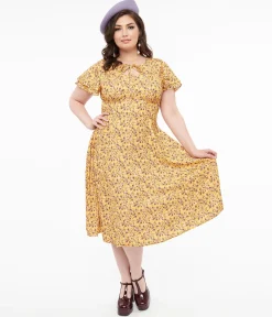 Plus Size 1950s Yellow & Purple Floral Capelet Swing Dress