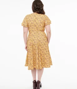 Plus Size 1950s Yellow & Purple Floral Capelet Swing Dress