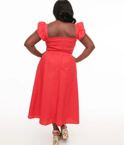 Plus Size Y2K Red Flutter Sleeve Poplin Midi Dress