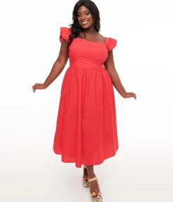 Plus Size Y2K Red Flutter Sleeve Poplin Midi Dress