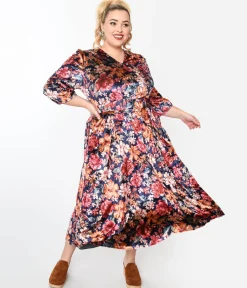 Purple & Multicolor Floral Velvet Midi Dress
