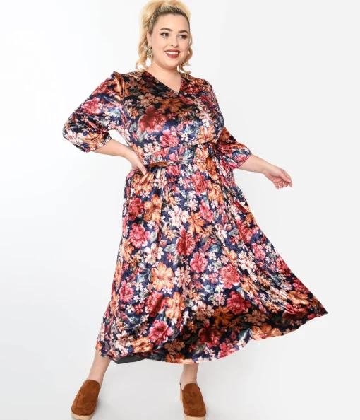 Purple & Multicolor Floral Velvet Midi Dress