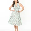 Pusheen x Unique Vintage Teal Pusheen Floral Frame Print Halter Swing Dress