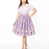 Pusheen x Unique Vintage Lavender Pusheen Floral Frame Print Gellar Swing Skirt