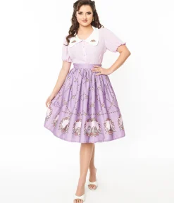 Pusheen x Unique Vintage Lavender Pusheen Floral Frame Print Gellar Swing Skirt