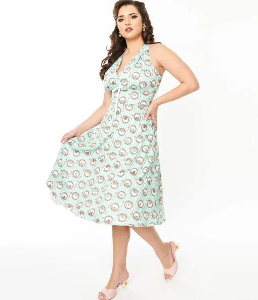 Pusheen x Unique Vintage Teal Pusheen Floral Frame Print Halter Swing Dress
