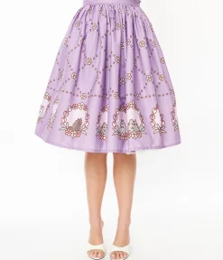 Pusheen x Unique Vintage Lavender Pusheen Floral Frame Print Gellar Swing Skirt