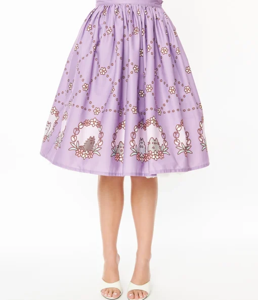 Pusheen x Unique Vintage Lavender Pusheen Floral Frame Print Gellar Swing Skirt