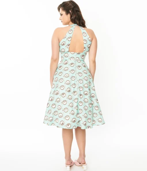 Pusheen x Unique Vintage Teal Pusheen Floral Frame Print Halter Swing Dress