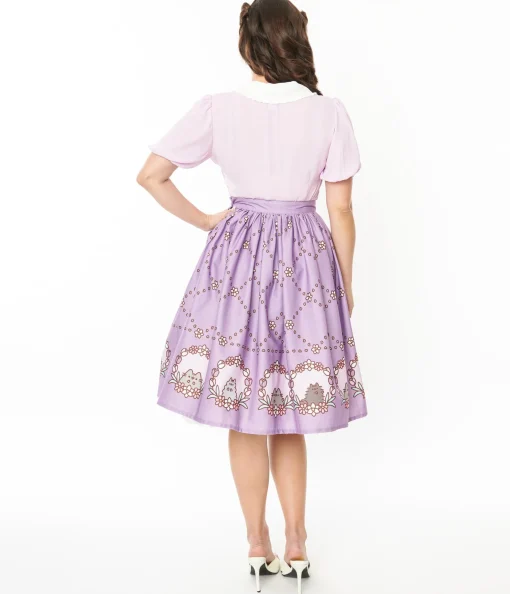 Pusheen x Unique Vintage Lavender Pusheen Floral Frame Print Gellar Swing Skirt