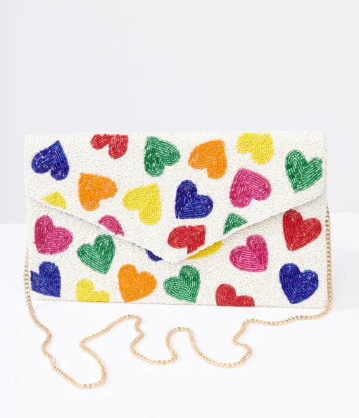 Rainbow Beaded Heart Clutch Handbag