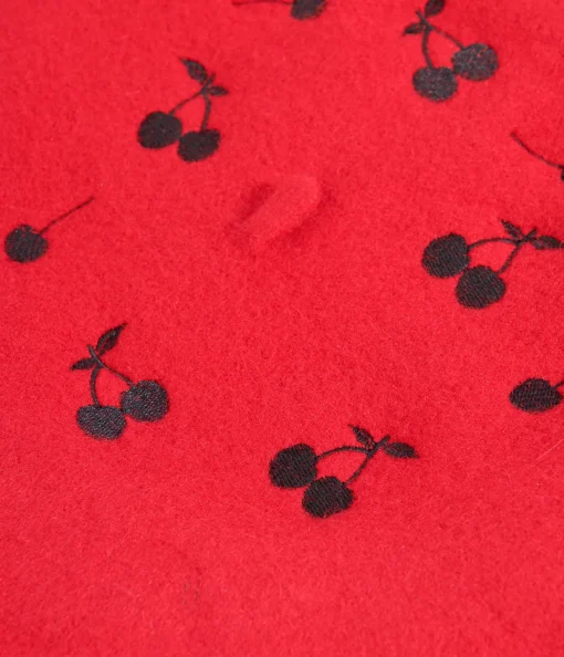 Red & Black Cherry Embroidered Beret