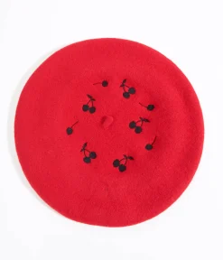 Red & Black Cherry Embroidered Beret