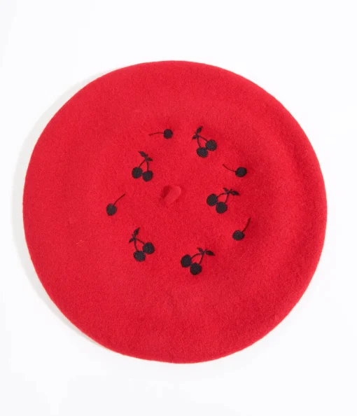 Red & Black Cherry Embroidered Beret