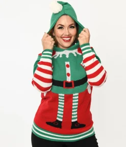 Red & Green Elf Hooded Holiday Sweater
