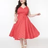 Red & White Floral Dot Belted Swing Dress