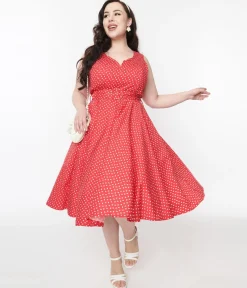 Red & White Floral Dot Belted Swing Dress