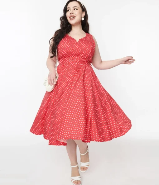 Red & White Floral Dot Belted Swing Dress