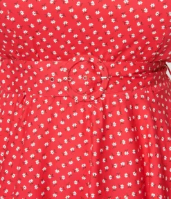 Red & White Floral Dot Belted Swing Dress