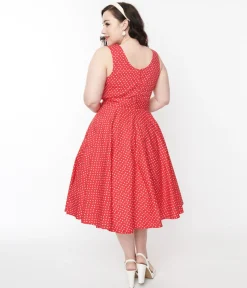 Red & White Floral Dot Belted Swing Dress