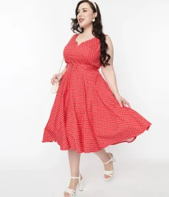Red & White Floral Dot Belted Swing Dress