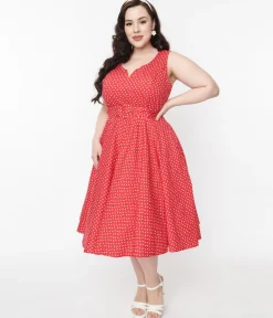 Red & White Floral Dot Belted Swing Dress