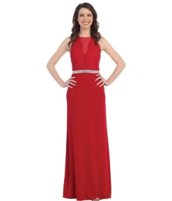 Red Embroidered Lace Long Chiffon Dress