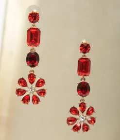 Red Rhinestone Floral Drop Earrings