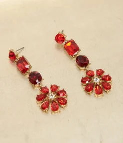 Red Rhinestone Floral Drop Earrings