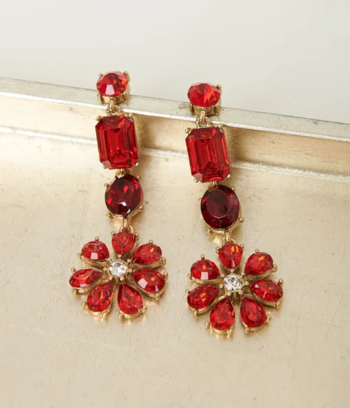 Red Rhinestone Floral Drop Earrings