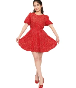 Red Sequin Puff Sleeve Flare Dress