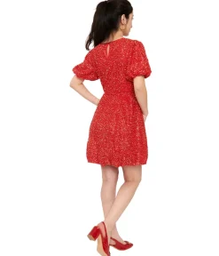 Red Sequin Puff Sleeve Flare Dress